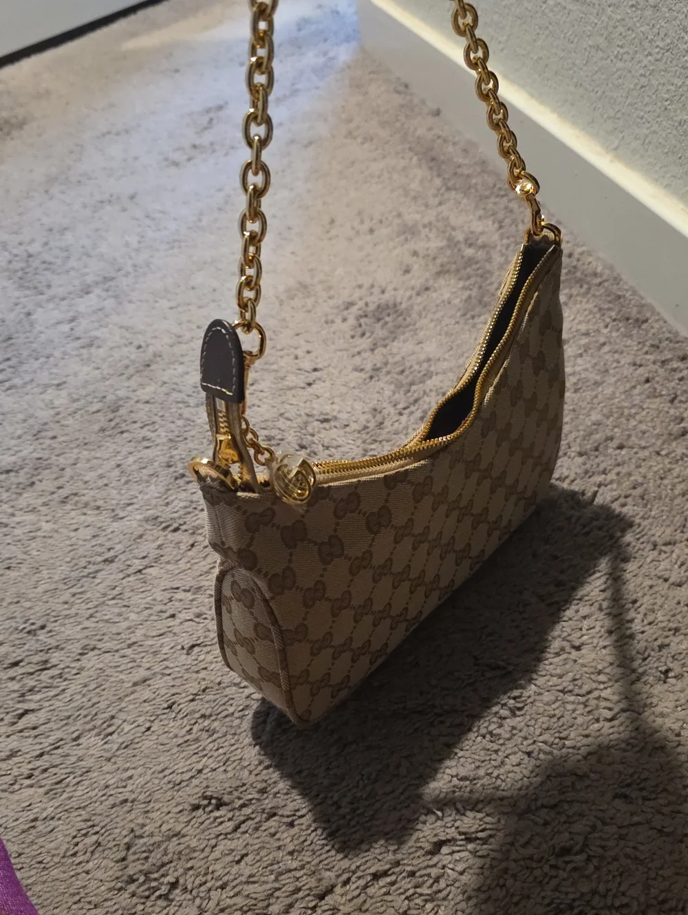 Beige Canvas Chain Shoulder Bag
